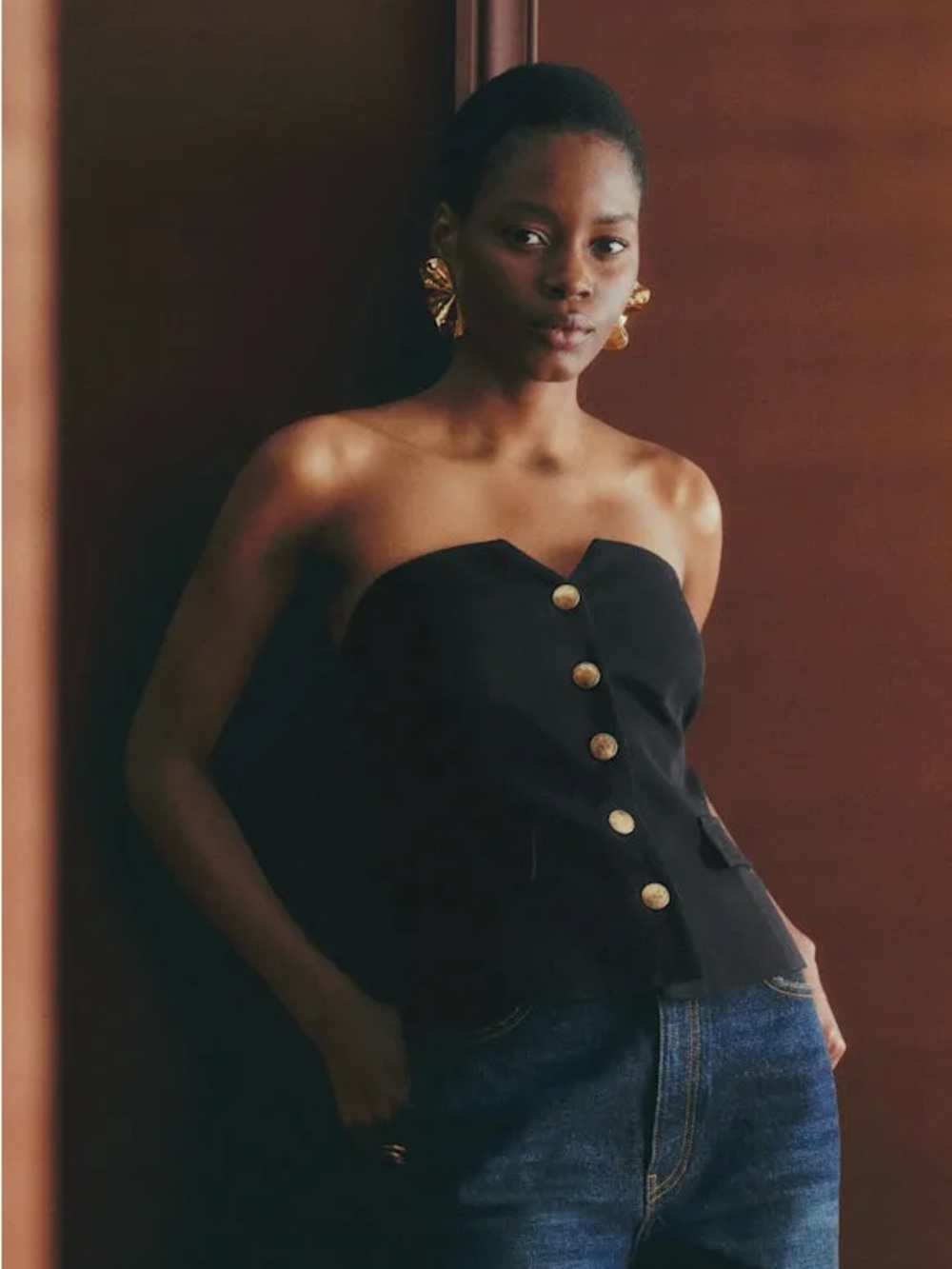 Sezane Black Strapless Corset Top with Gold Buttons